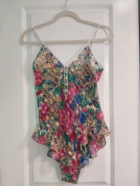 VINTAGE 90s Victoria's Secret Gold Label Floral Teddy Bodysuit Chiffon Lurex S